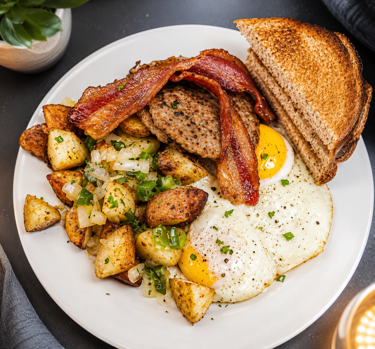 Bacon, sausage, eggs and toast breakfast plate
